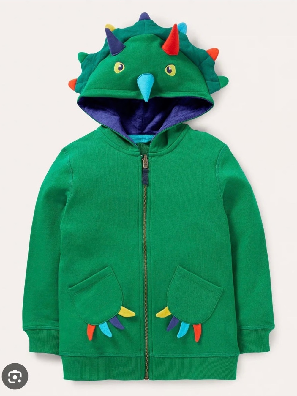 NWT Mini Boden dinosaur hoodie kelly green zipper up triceratops multicolor boys